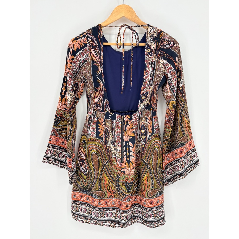 Sage the Label Paisley Open Back Bell sleeves Mini Dress Small Boho Retro Navy - Picture 5 of 8
